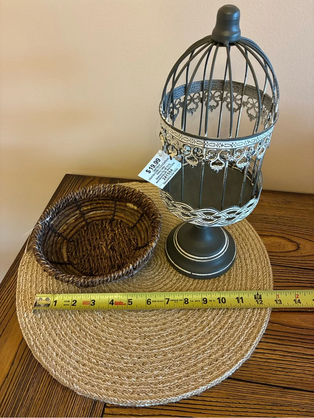 Hobby Lobby Decor Set of 2 Charcoal Gray/White Birdcage & Dark Brown Tray/Basket